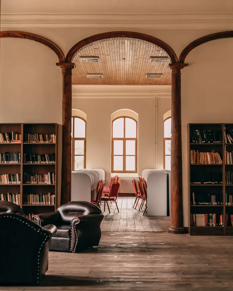 An arched library hall with bookshelves and a leather armchair